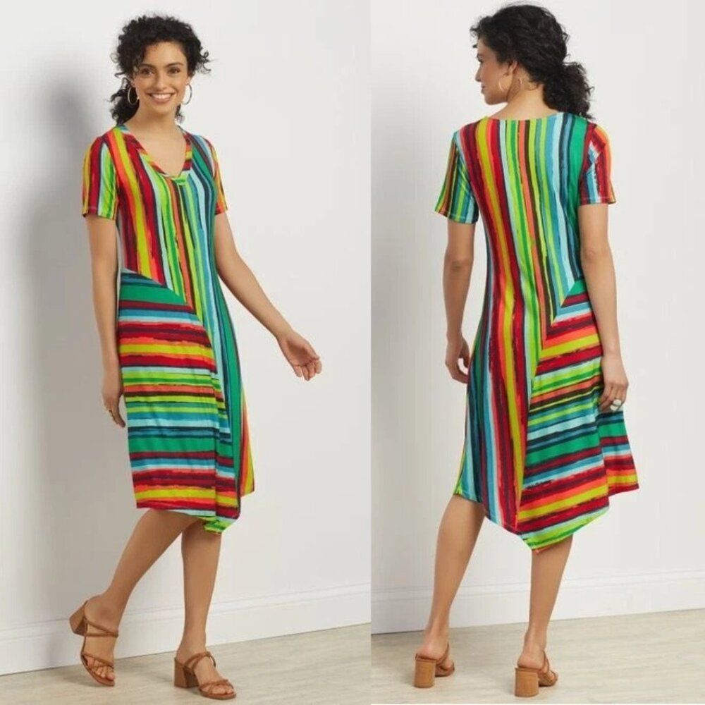 Soft Surroundings Happy Place Midi Dress Multi Striped NWOT Size Small